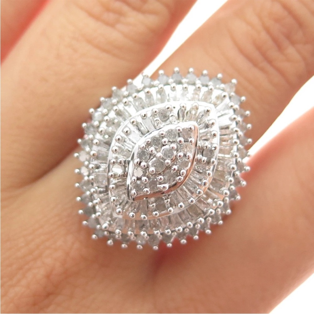 925 Sterling Silver Real Round & Tapered Baguette-Cut Diamond Ring Size 6